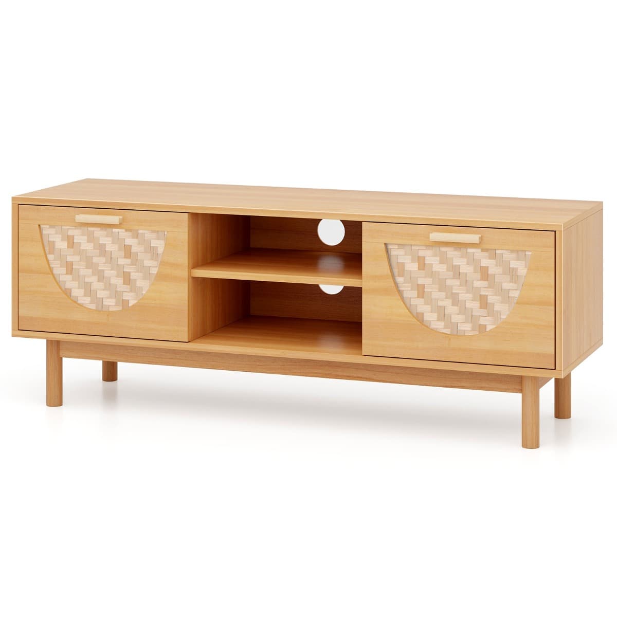 CostwayMeuble TV jusqu'à 55'' Table Console Multimédia Moderne Etagères Ouvertes Tiroirs Tissés en Bambou Centre de Divertissement Blanc et Naturel