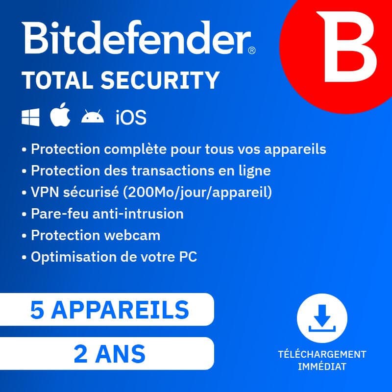 Bitdefender Total Security 2026 | Renouvellement automatique | 5 Appareils | 2 Ans | Téléchargement
